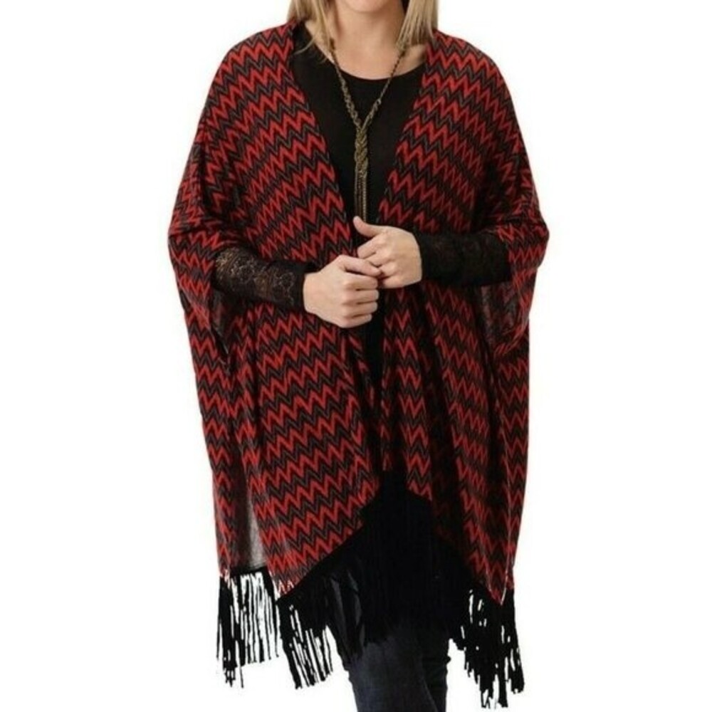 Roper Western Women Fringe Poncho Outwear with Chevron Print Red Size XL